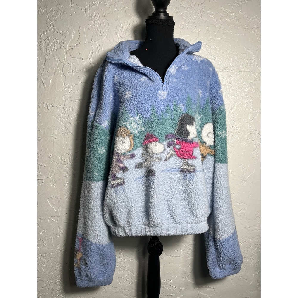 Peanuts Snoopy Winter Sherpa Fleece Pullover Blue Scenic Print Size L